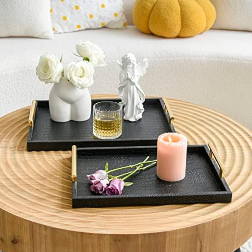 Set of 2 Modern Elegant Large Wood Serving Tray, Rectangle Decorative
