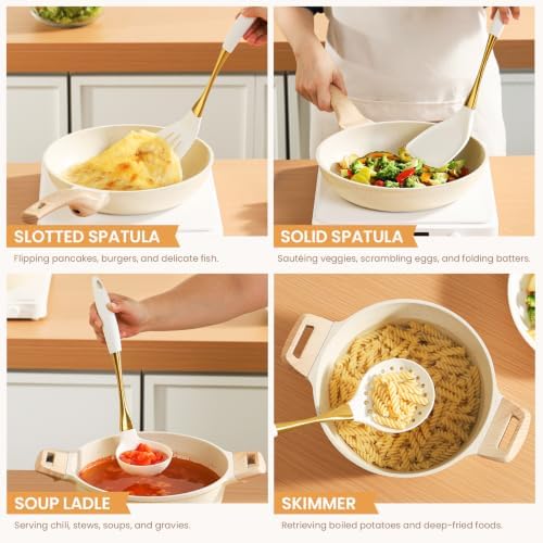 7 Pcs Silicone Spatula Cooking Utensils Set, White Gold