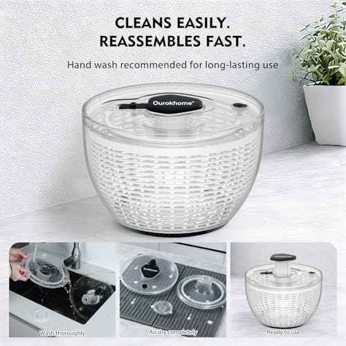 Ourokhome 6.3 QT Salad Spinner with Fully Removable Lid, Large Lettuce Dryer with One-Hand Press Pump, Instant Stop Brake Button and Retractable Handle, Vegetable Washer & Spinner for Greens and Herbs