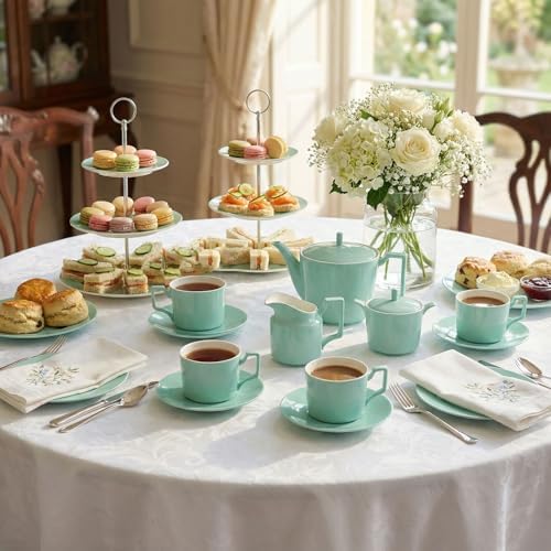 Mint Green Tea Set with Teapot, Cups, Sugar & Creamer Set, Afternoon