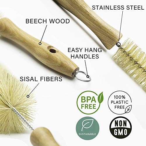 All Natural Bottle Brush and Straw Set (NO Plastic) Sisal Bristles and