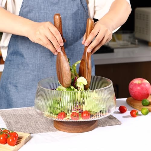 Extra Large Salad Bowl Set with Wood Base, Ribbed Glass Salad Bowl