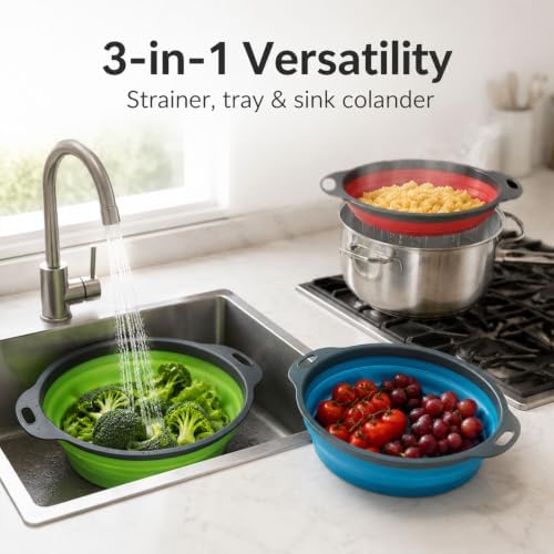 Collapsible Colander Set, 3 Pack Silicone Kitchen Strainer Set, Space