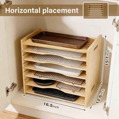 6 Tier Wooden Tray Dividers for Cabinets, Cookie Sheet Organizer 15.7"