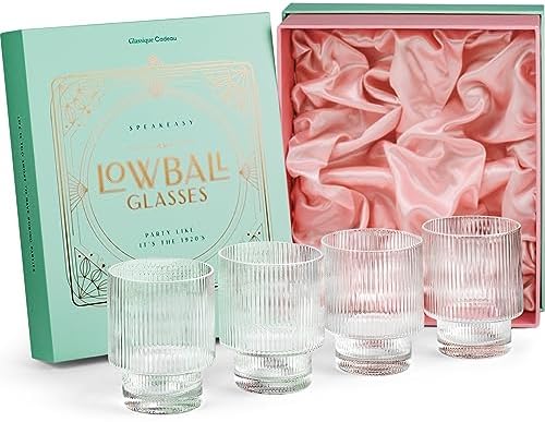 GLASSIQUE CADEAU Vintage Art Deco Ribbed Lowball Cocktail Glasses