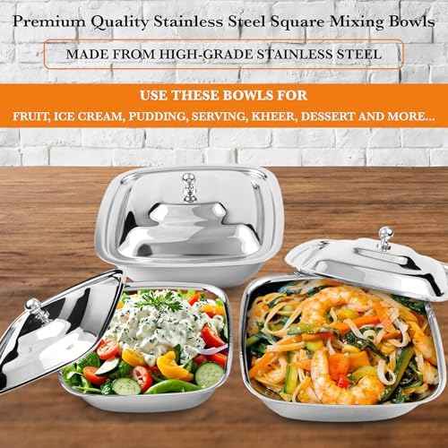CRAFTONE Stainless Steel Square Mixing Bowls Set of 3 with Lid, Ideal for Baking & Serving Salad, Rice, Desert, Food Storage Bowl Set (20 Oz, 30 Oz and 35 Oz)