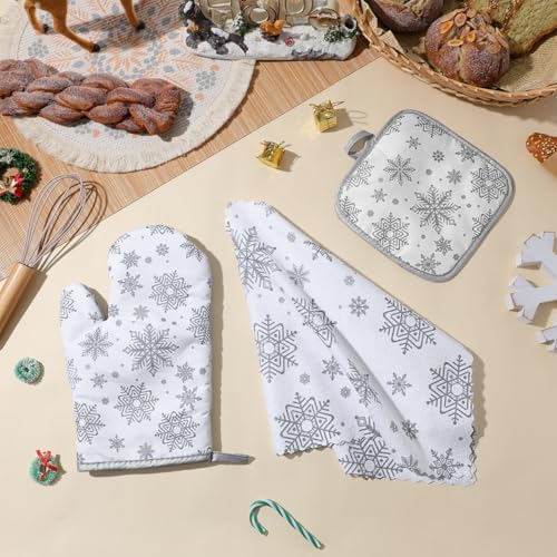 Hemoton Christmas Kitchen Towels and Pot Holders Oven Mitts Snowflake