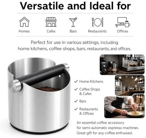 Espresso Knock Box, Stainless Steel Coffee Grounds Bin, Non-Slip Base