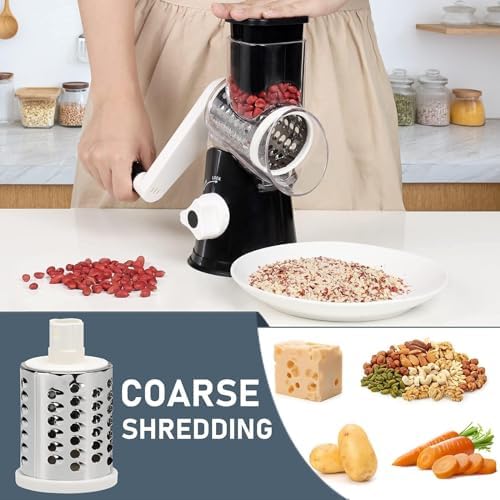 KEOUKE Rotary Cheese Grater, Black, 3 Stainless Steel Blades