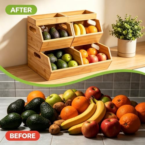 Bamboo Potato Onion Storage Bin, Stackable Ventilated Produce Basket