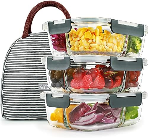 DAS TRUST 3 Pack Bento Box Glass Meal Prep Container 3 Compartment