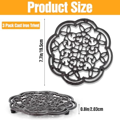 3 Pack Cast Iron Trivet, 7.7 Inch Round Heavy Duty Rustproof Trivets