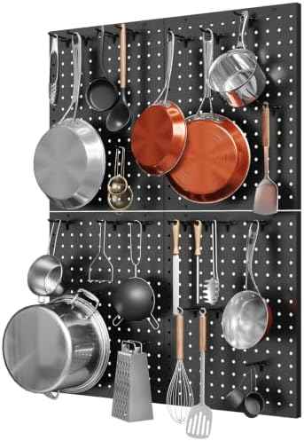 Hencawima Wall Mounted Peg board, 4 Pack Pot and Pan Organizer with 20 Hooks, Modular Kitchen Storage for Pots, Pans, Lids and Utensils, Easy Assembly