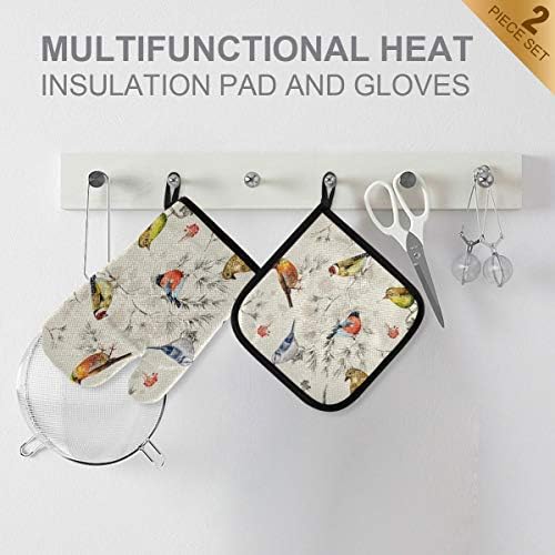 QMXO Retro Spring Summer Birds Oven Mitts Quilted Cotton Lining