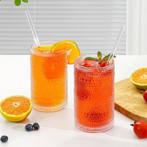 Large Vintage Hobnail Drinking Glasses Set of 6, 16oz Clear Highball