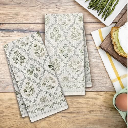 Boho Botanical Floral Kitchen Towels, Farmhouse Cottagecore Dish Tea