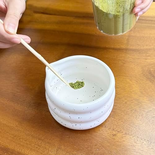 7-piece matcha kit includes matcha bowl. white speckled matcha tea set