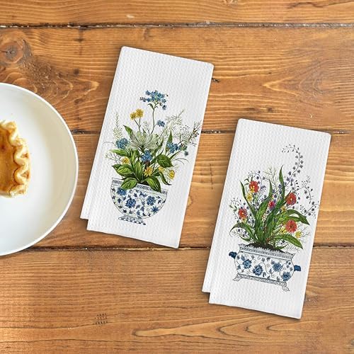 Chinoiserie Floral Kitchen Towels Set of 2 - Retro Flower Chinoiserie
