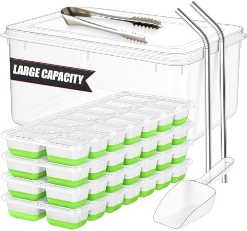 56pcs Ice Cube Tray with Lid and Bin – Stackable 4 Trays Plastic