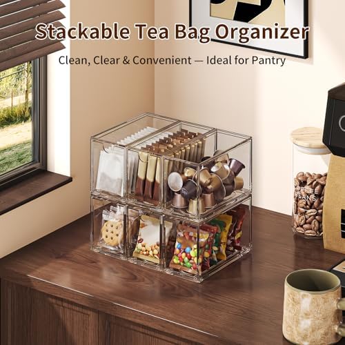 6 Pack Clear Stackable Tea Bag Organizer, Acrylic Drawer Teabag Holder