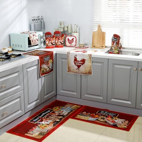 Fourluoo 10 Pcs Red Rooster Kitchen Set Towels Oven Mitts Pot Holders