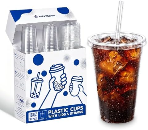 16 Oz 100 Pack Dispoable Cups with Lids and Straws