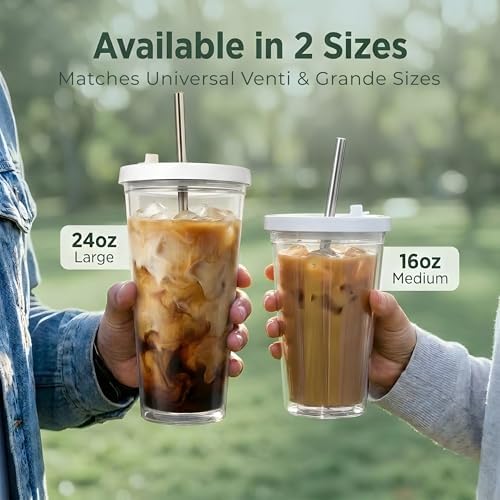 Reusable Iced Coffee Cup with Lid and Straw, 24 oz/Venti, BPA-Free