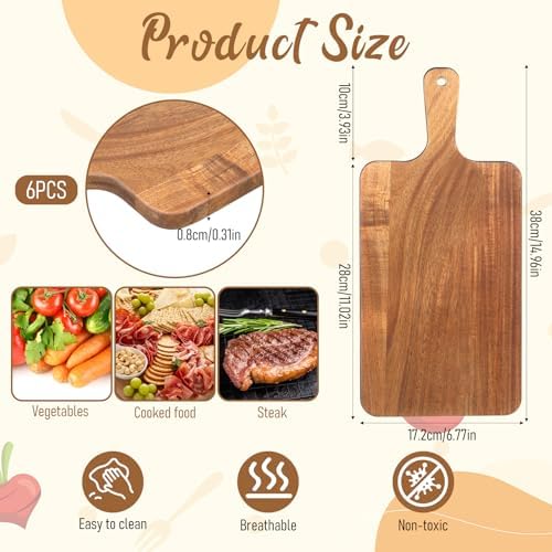 6 Pcs Acacia Wood Cutting Board Bulk with Handle, 15 x 7 Inch Kitchen Wooden Chopping Boards, Thicken Chopping Platter Charcuterie Serving Trays Blank Wood Boards for Pizza Bread Fruit Vegetables
