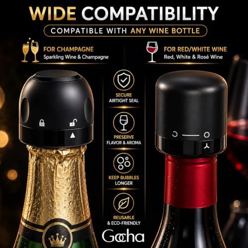 GOCHA Gadgets Wine Stopper and Champagne Stopper Set, 4 Pack, Black