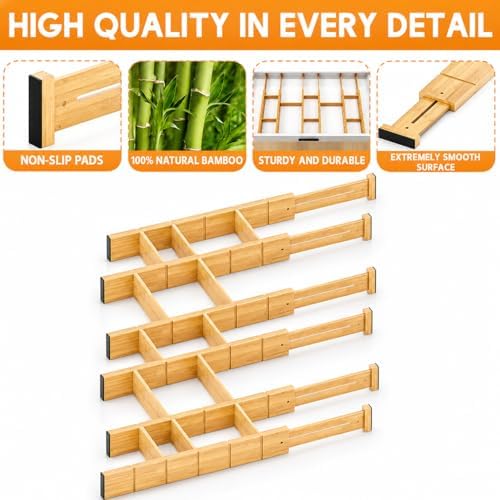 Expandable and Adjustable Bamboo Drawer Dividers with 12 Inserts