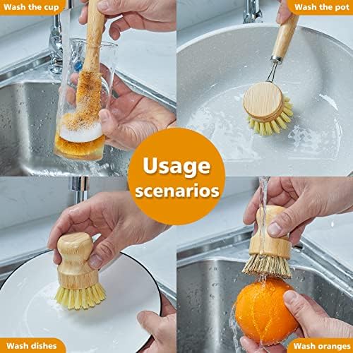 SAMEBUTECO Bamboo Dish Brush Set, 4 Tools, Natural Bristles