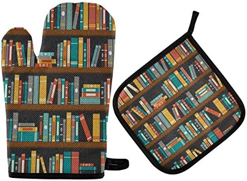QMXO Library Bookshelf Education Oven Mitts Quilted Cotton Lining