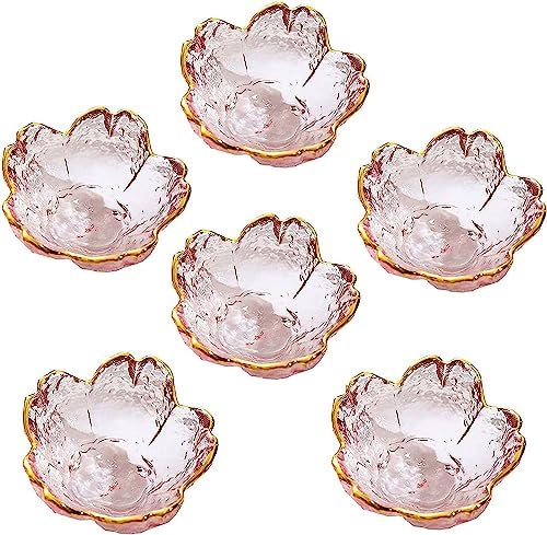 Seasoning bowls with gold rim,6 pcs Pink Cherry Flower Crystal Glass
