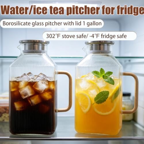 1 Gallon Glass Iced Tea Pitcher with Lid Fridge Square Water Juice