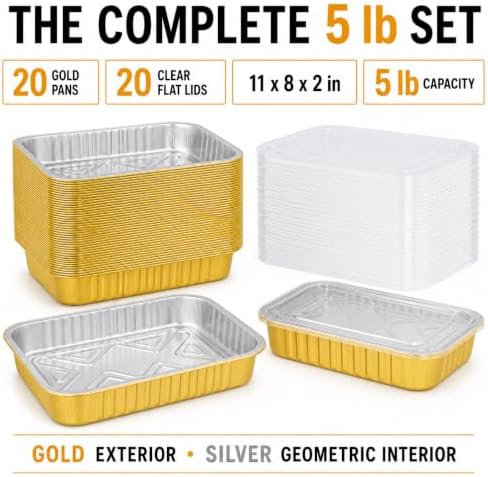 JARDLITE 20 Pack 11"×8"×2" Gold Aluminum Foil Pans with Lids Heavy