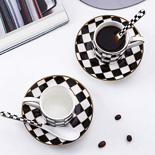 Checker 3-ounce Espresso Cups and Saucers Set of 6, Demitasse Cups Set