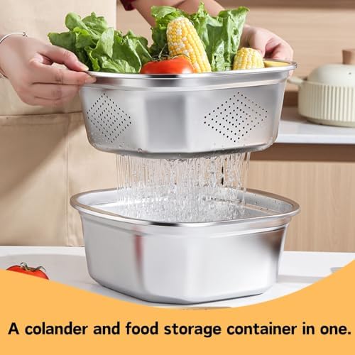 Stainless Steel Washing Up Bowl Set, Square Dish Tub with Colander&Lid, Multi-purpose Fruit Vegetable Washing Basin with Strainer for Sink, Kitchen Preparation, Wshing,Storage, 11in*4in