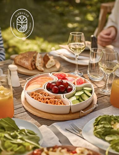 Ceramic Divided Serving Dishes with 360°Rotatable Bamboo Tray and
