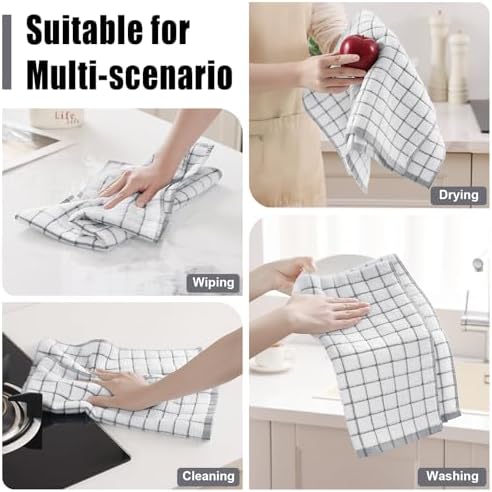 Homaxy Premium Kitchen Towels(16”x 28”, 6 Pack), Check Design, Grey