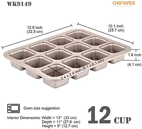 CHEFMADE Brownie Cake Pan, 12-Cavity Non-Stick Square Muffin Pan