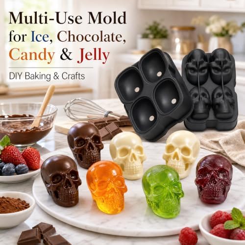 3D 4-Cup Skull Ice Cube Mold w/Reinforced Hard Base & Funnel Lid
