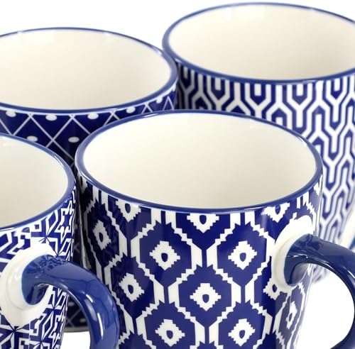 Elama Declan 12 Ounce Assorted Design Stoneware Mug Set in Blue and