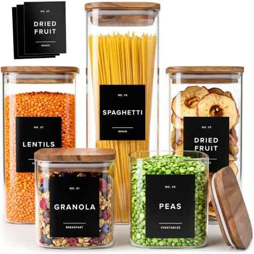 Glass Pantry Storage Jars Containers with Acacia Lids and Labels - Set