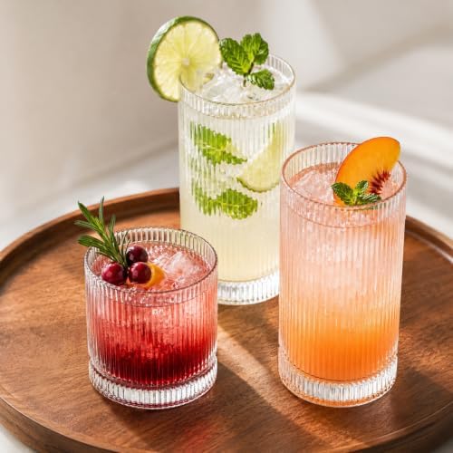 KEMORELA Ribbed Glassware Set of 8—4 Large Capacity Highball Glasses