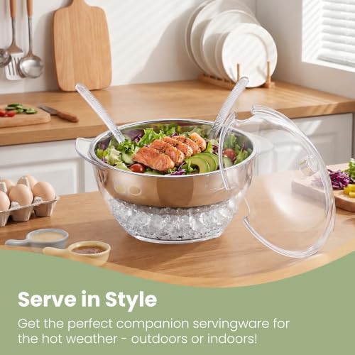 Chilled Serving Bowl on Ice, Salad Bowl with Lid, 5 QT Stainless Steel