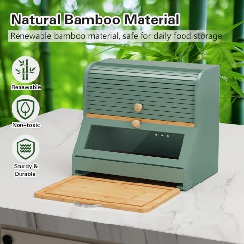 HOLTICO Roll Top Bamboo Bread Box with Cutting Board for Kitchen, Green