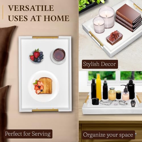 Serving Tray with Handles – 17 x 12 x 2 Inch White Acacia Wood Ottoman