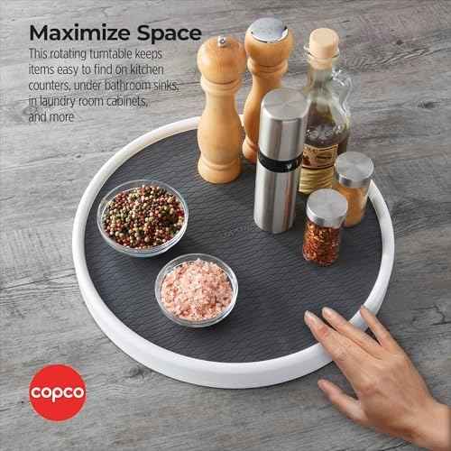 Copco 15 Inch Non-Skid Lazy Susan Turntable Organizer for Cabinet, Pantry, Refrigerator - Charcoal Gray, Smooth-Glide Ball Bearings, Raised Rim