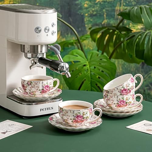Agyiuns Tea Cup and Saucers, 6.4oz Floral Tea Cups with Gold Trim