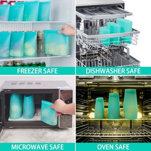 Reusable Food Bags, 12 Pack 100% Silicone Food Storage Bags Stand Up
